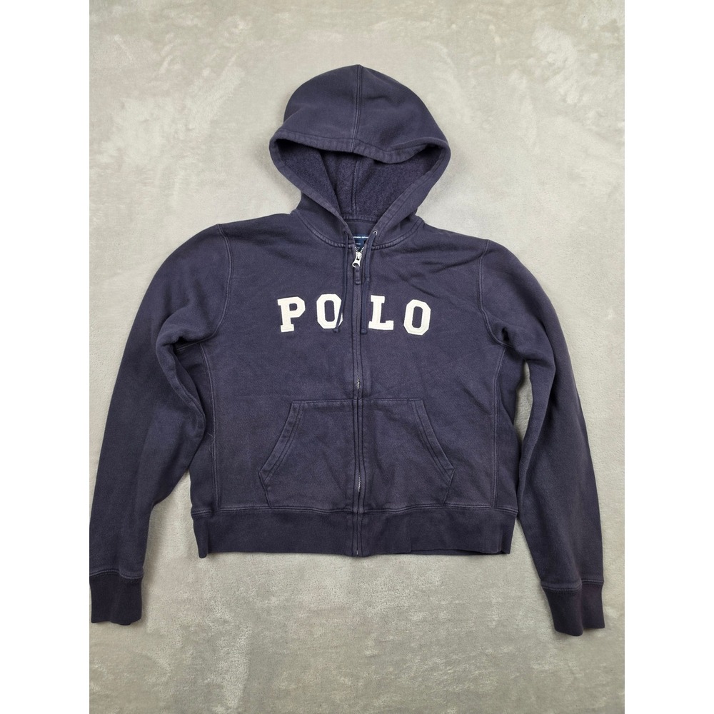 Ralph Lauren Sport Zip Hoodie Women L Blue Spellout Fleece Logo Sweatshirt Faded